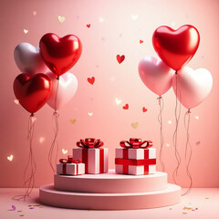 Valentine's day background - group of red heart shaped foil balloons and three gift boxes