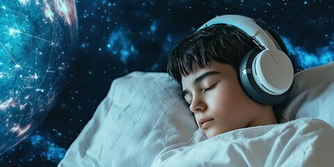 A peaceful boy sleeps with headphones on, surrounded by a cosmic background, evoking serenity and dreams of space.