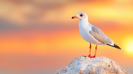 A seagull standing on top of a rock at sunset