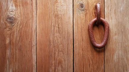 A rusty metal ring on a wooden door
