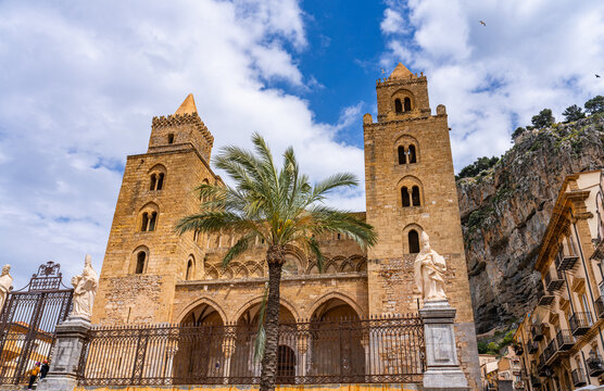 Cafalu, Italy 18 april 2024 - Front view of the Duomo di Cefalu in the old Sicilian town