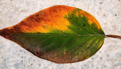 Colorful autumn leaf showing transition from green to orange