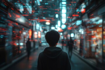 Person walking in futuristic city immersed in augmented reality and artificial intelligence data