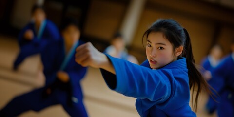 Young asian athlete portrait practicing martial arts punch during training, banner with copy space