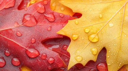A close up of a bunch of colorful leaves with water droplets
