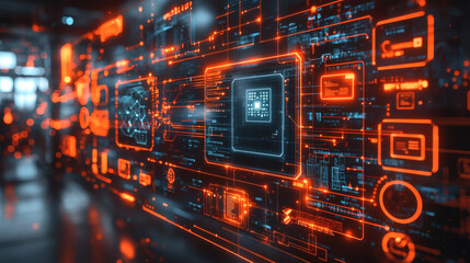 Fototapeta premium Digital Interface: A futuristic digital interface bursts with data, information, and code.