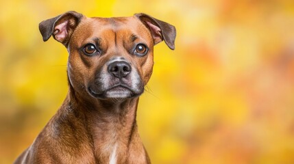 A brown and white dog sitting in front of a yellow background