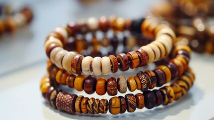 A close-up of a traditional tribal bracelet made of natural beads, displayed on a white surface.
