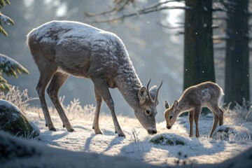 Fototapeta premium A doe and her fawn graze on the forest floor their coats thick with snow and their horns hidden, fawn, forest landscape, doe, frosty, deer
