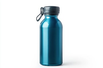 Small blue plastic water bottle on white background with cutout