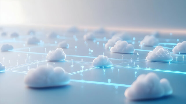 Abstract visualization of secure cloud infrastructure with glowing pathways and data nodes