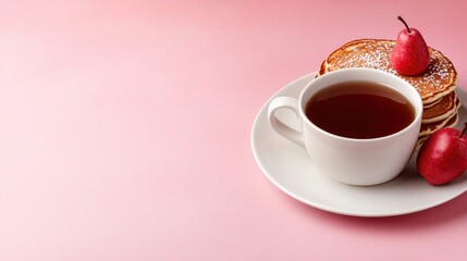 A cup of tea and some pancakes on a plate