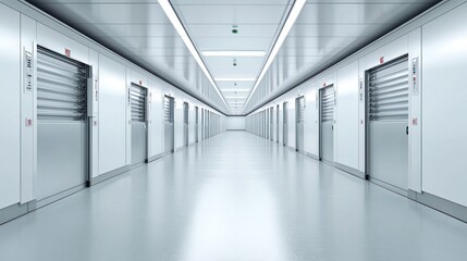 Obraz premium Modern Storage Facility: Clean, Minimalist Interior with Rows of Metallic Storage Units