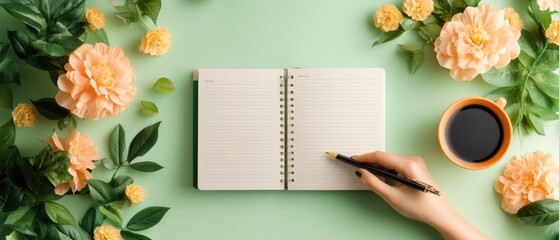 Creative planner session cozy home office organized workspace floral decor overhead view mindfulness and focus