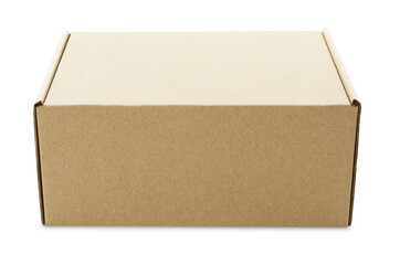 One closed cardboard box isolated on white. Mockup for design