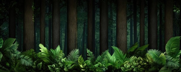 Fototapeta premium A dense forest scene with tall trees and lush green ferns, creating a tranquil and natural environment.