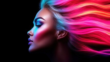 Fototapeta premium A woman with colorful hair blowing in the wind