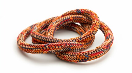 A coiled climbing rope with visible texture and knots, placed on a white background.