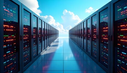 Cloud computing concept with virtual servers in a high-tech data center above clouds