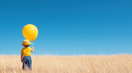 A little boy holding a yellow balloon in a field