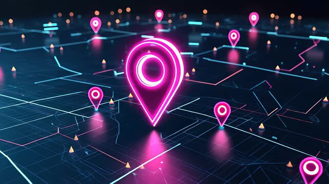 Futuristic Digital Map with Glowing Pink Location Markers and a High-Tech Network Grid

