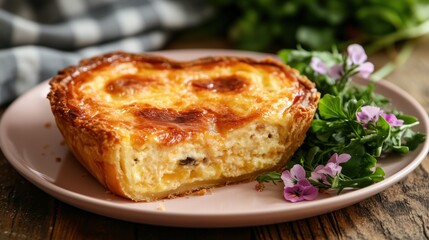 Heart-shaped quiche served on a plate with fresh greens and flowers for Valentine's Day celebration