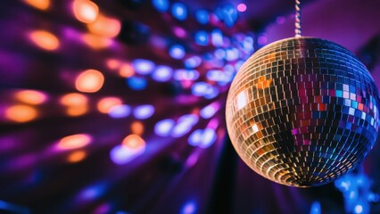 Obraz premium disco ball, glowing, reflective, sparkling, dance floor, nightclub atmosphere, colorful lights, bokeh effect, party ambiance, retro vibes, purple hues, golden reflections, shimmering, festive mood, dy