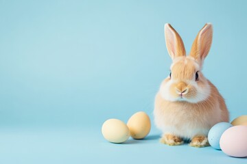 Obraz premium Red rabbit on a blue background among Easter eggs. The concept of celebrating Easter and spring. Postcard on a spring theme with space for text