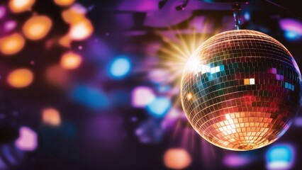 Obraz premium disco ball, glowing, reflective, sparkling, dance floor, nightclub atmosphere, colorful lights, bokeh effect, party ambiance, retro vibes, purple hues, golden reflections, shimmering, festive mood, dy
