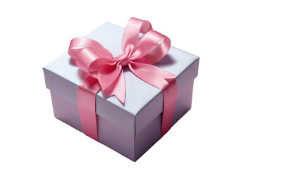 A pink heart-shaped bow made of satin ribbon, delicately placed on a gift box, with soft lighting reflecting off the ribbon, only on a transparent PNG background