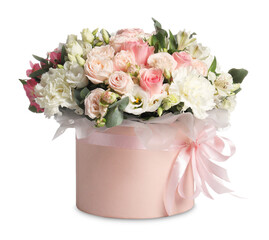 Bouquet of beautiful flowers in box isolated on white