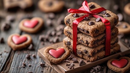 Delicious heart-shaped cookies stacked with red ribbon on wooden table for Valentine's Day celebration