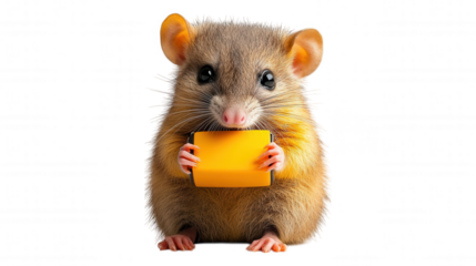 [anthropomorphic mouse in yellow outfit] Whimsical rodent in yellow outfit poses on hind legs against dark background