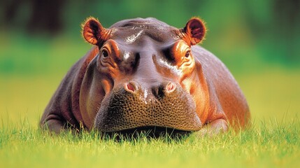 Fototapeta premium A hippopotamus laying in the grass looking at the camera