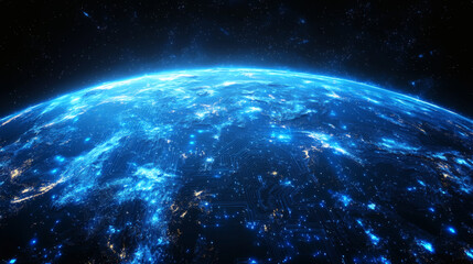 Obraz premium Blue Planet: A stunningly detailed image of Earth from space, its continents outlined in a mesmerizing blue glow, depicting the interconnectedness of life and the beauty of our planet. 