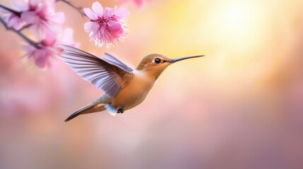 Obraz premium A hummingbird flying through the air next to a pink flower