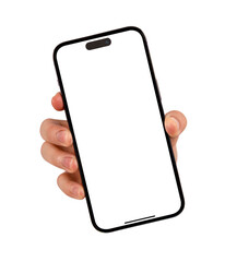 Hand showing smartphone with blank screen isolated.