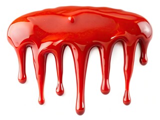 Isolated red ketchup silhouette drips dramatically against a stark white background, a vibrant splash of sauce.