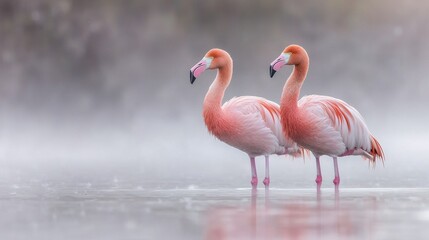 Fototapeta premium Two pink flamingos are standing in the water