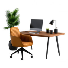 [Modern office interior design ideas] Modern Office Space 3D Rendering with Laptop Desk Minimalist Workspace