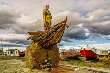 Sculpture of Jesus Christ the fisherman, Puerto Natales, Magallanes Region, Chilean Antarctica, Patagonia, Republic of Chile, South America