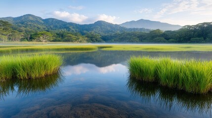 A body of water surrounded by tall grass and mountains