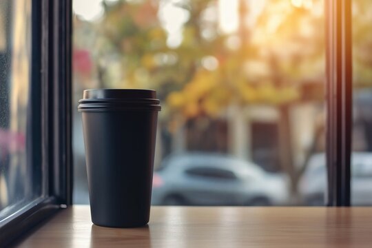 Coffee to Go Mockup, Black Cup on Windowsill, City Background