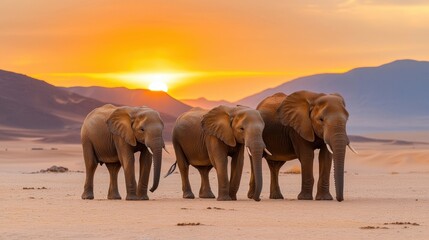 A group of elephants walking across a desert at sunset