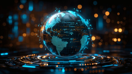 Fototapeta premium Global Network Hologram: A futuristic digital globe, shimmering with blue and gold light, hovers above a circular, technological base, symbolizing global connectivity and technological advancement.