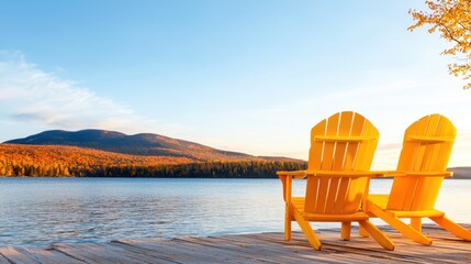 Fototapeta premium Two yellow adirondack chairs sitting on a dock by a lake