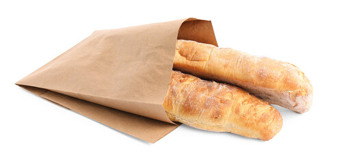 Paper bag with fresh baguettes isolated on white