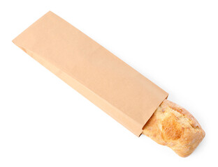 Paper bag with fresh baguette isolated on white, top view