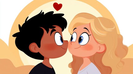 A boy and a girl are kissing in front of a heart