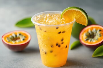 Fototapeta premium Takeout iced fizzy yuzu lemonade with passion fruit and orange in a disposable cup Refreshing citrus beverage on the table